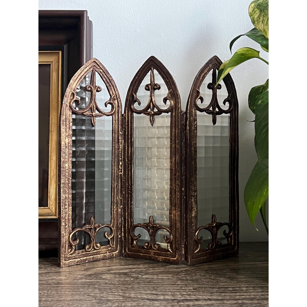 Mini Vintage Wrought Iron and Glass Three Panel Cathedral Shaped Folding Screen